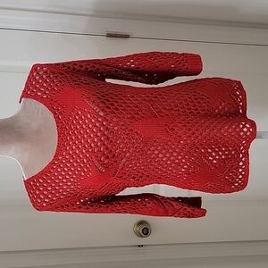 Objects D'Art, Open Knit Red Sweater, Star Detail. Size M. New without Tags